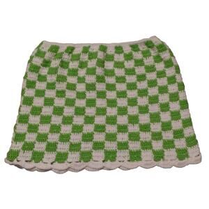 Edikted Women XS S Josie Crochet Mini Skirt Green White Checkerboard Scallop Hem